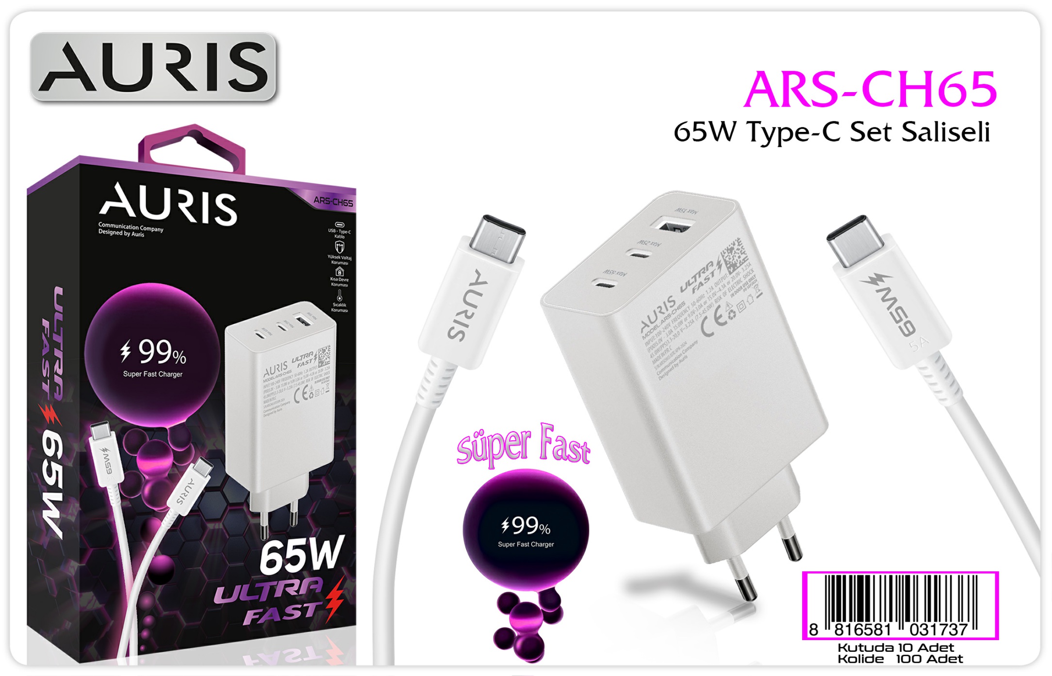 Auris CH65 65W Type-C Saliseli  Başlık Kablo Set